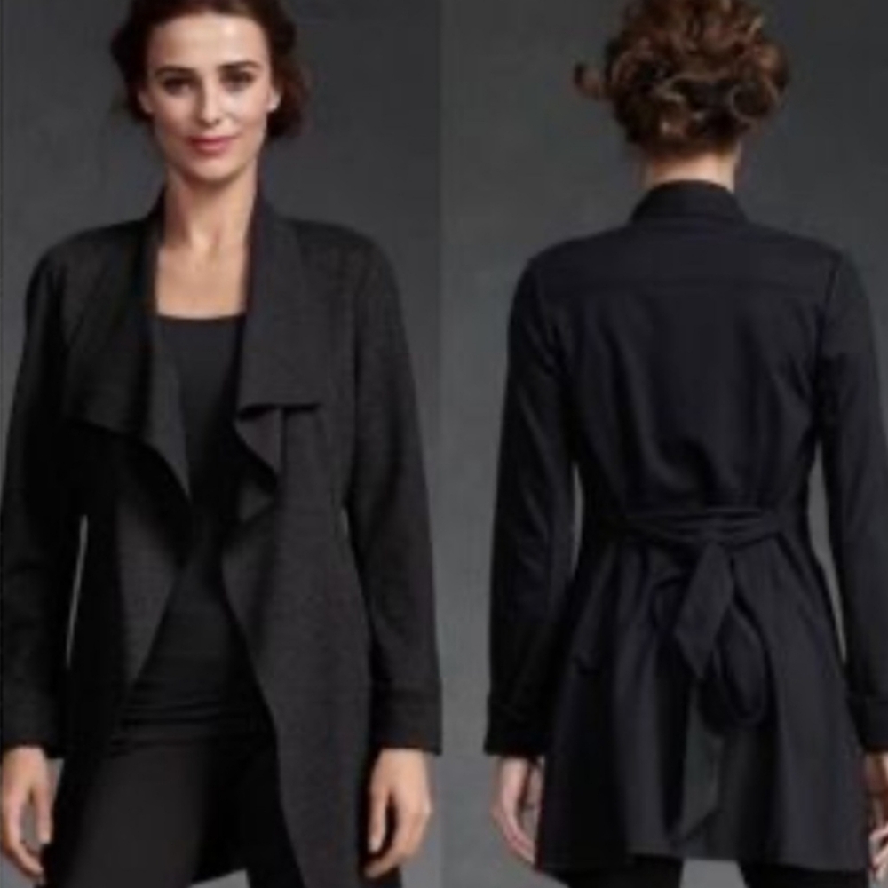 EUC CAbi 'Take Charge' Black Trench Coat with Waterfall Collar and Belted Waist